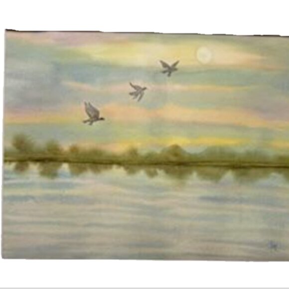 Painting Watercolor Sunrise Lake Landscape Original Blue Green 11x14 & Mat 16x20